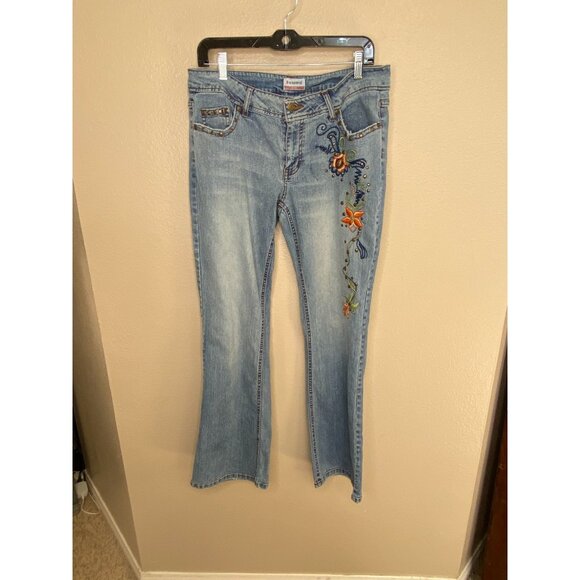 No Boundaries Womens Embroidered Bootcut Jeans 13 Medium Denim Y2K Low Rise - Picture 1 of 9